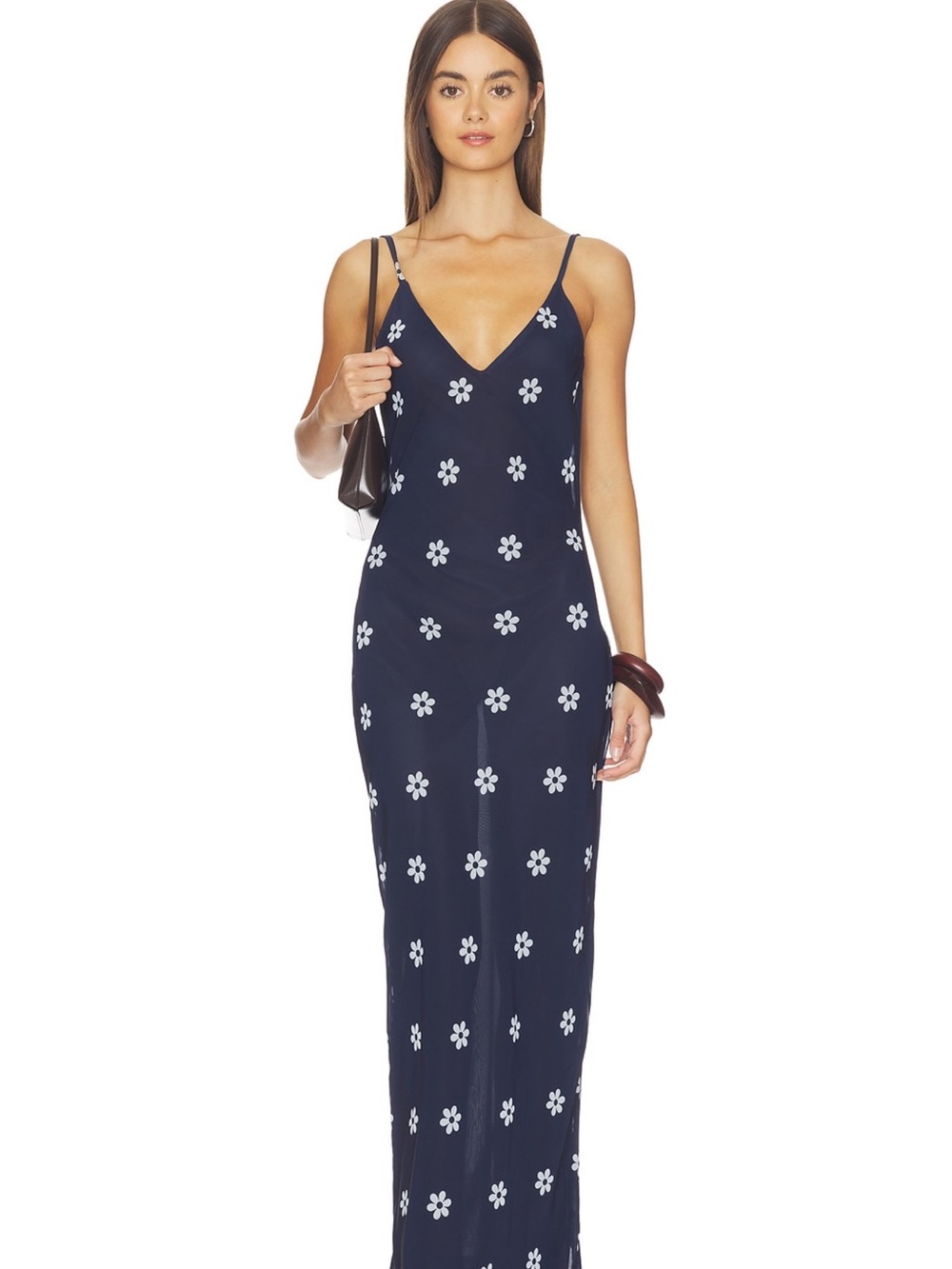 Navy Floral Slip Maxi Dress with V-Neck